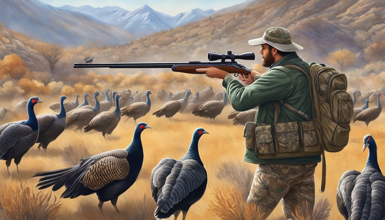 A hunter in camouflage aiming a shotgun at a flock of wild turkeys in the Nevada wilderness