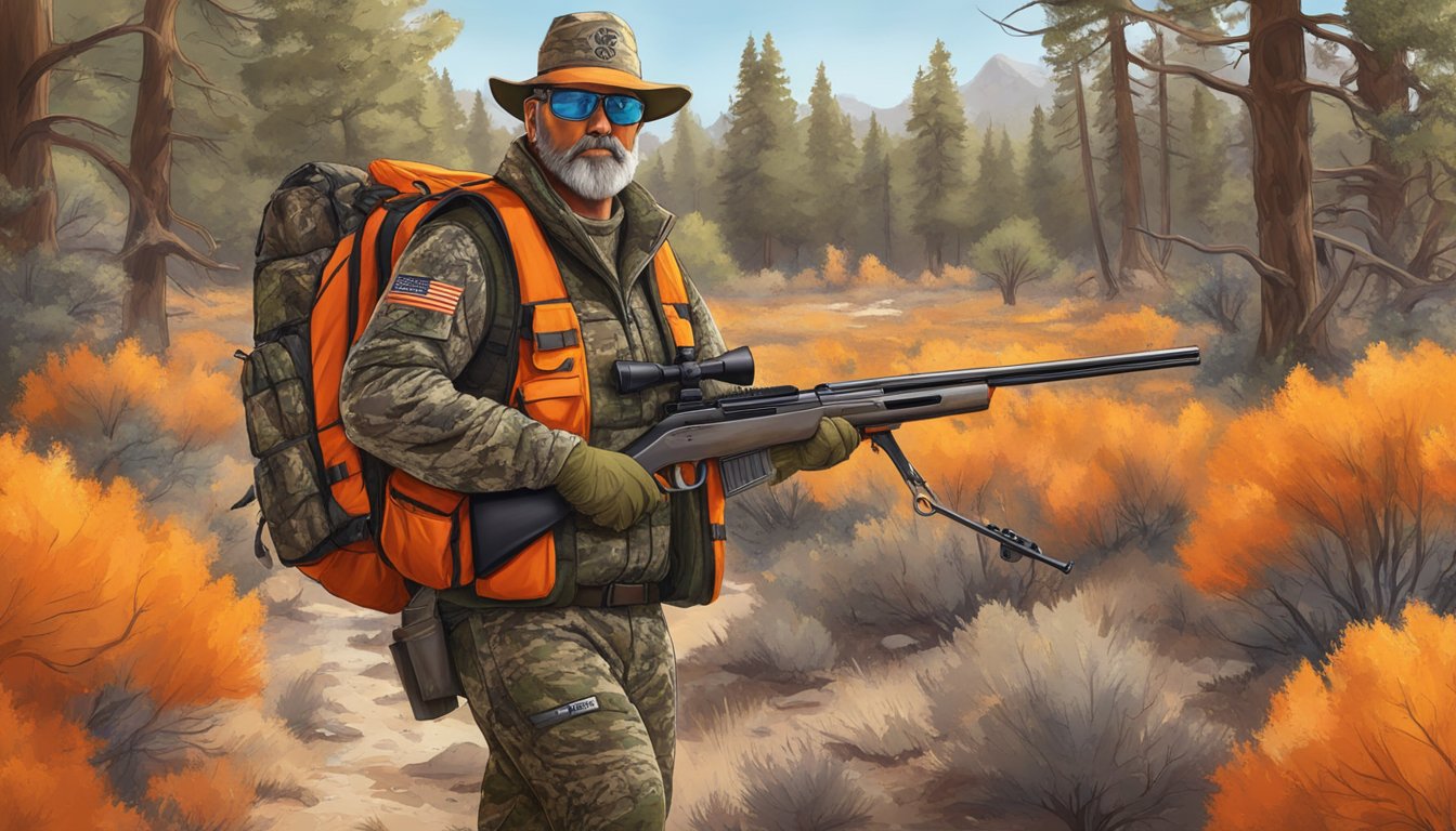 A hunter in camouflage adheres to Nevada turkey hunting regulations, carrying a shotgun and wearing a bright orange vest