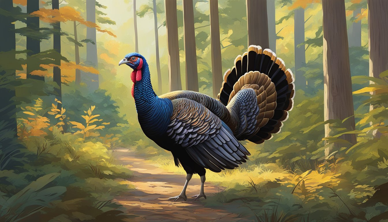 A wild turkey struts through a dense Mississippi forest, surrounded by tall trees and thick underbrush. Its colorful feathers shine in the dappled sunlight as it searches for food