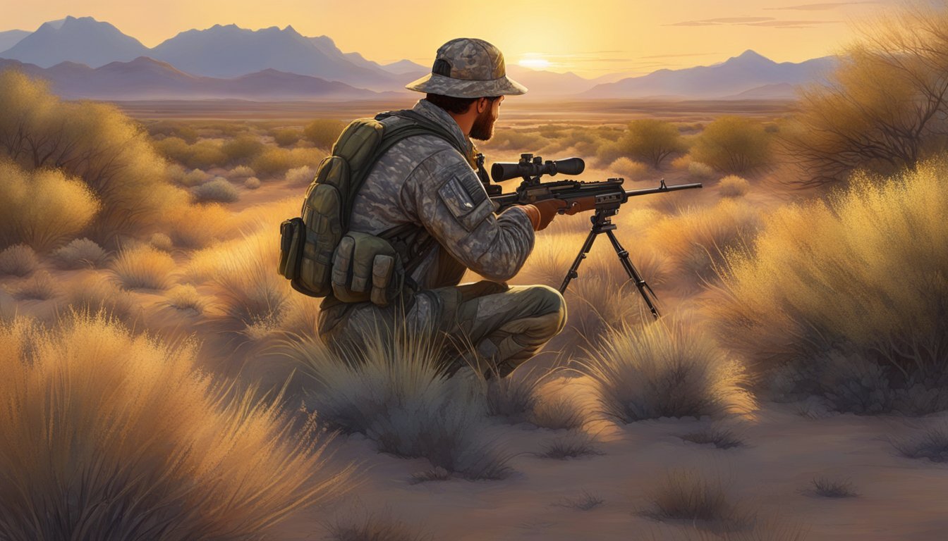 A hunter in camouflage gear crouches behind a bush, scanning the open desert landscape for wild turkeys. The sun sets in the distance, casting a warm glow over the rugged terrain