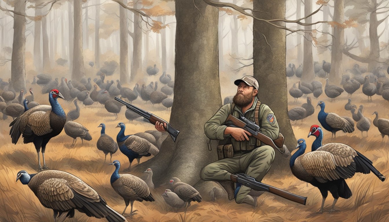 A hunter in camouflage waits by a tree with a shotgun, while a flock of wild turkeys cautiously peck at the ground in a Mississippi forest