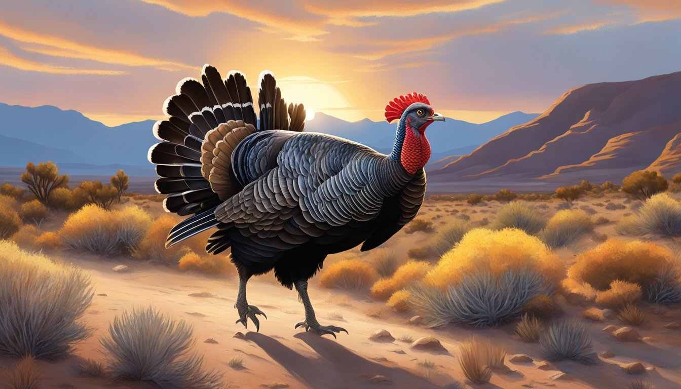 A wild turkey struts through the Nevada desert, surrounded by sagebrush and rocky terrain. The sun sets in the distance, casting a warm glow over the landscape