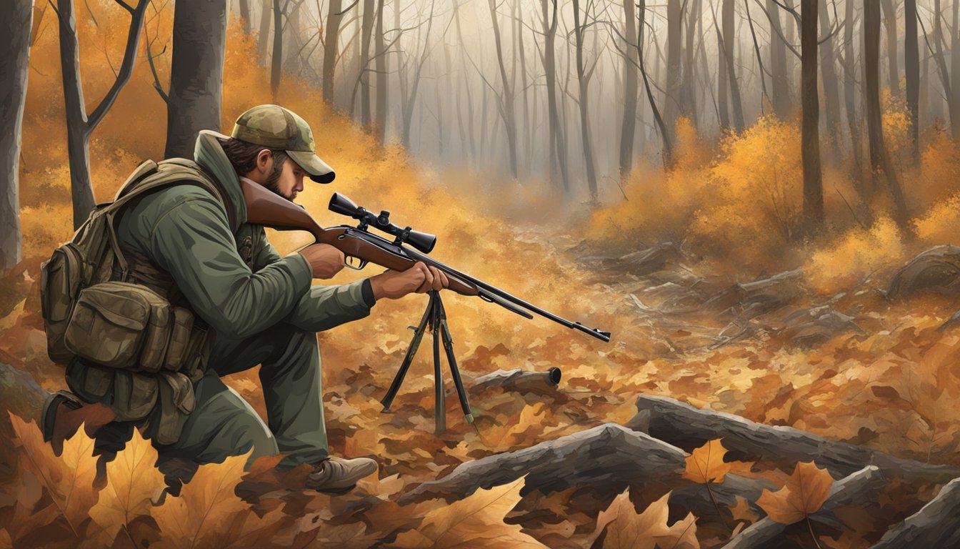 A camouflaged hunter with a shotgun, turkey calls, and decoys in a wooded area with fallen leaves and dense underbrush