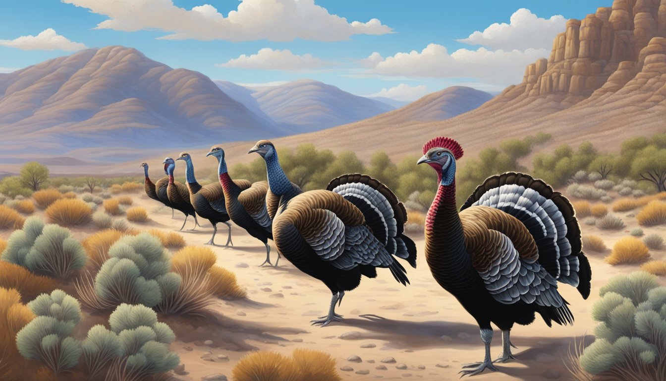 A flock of wild turkeys roam through the Nevada desert, surrounded by sagebrush and rocky terrain. A hunter waits patiently in the distance, camouflaged and ready