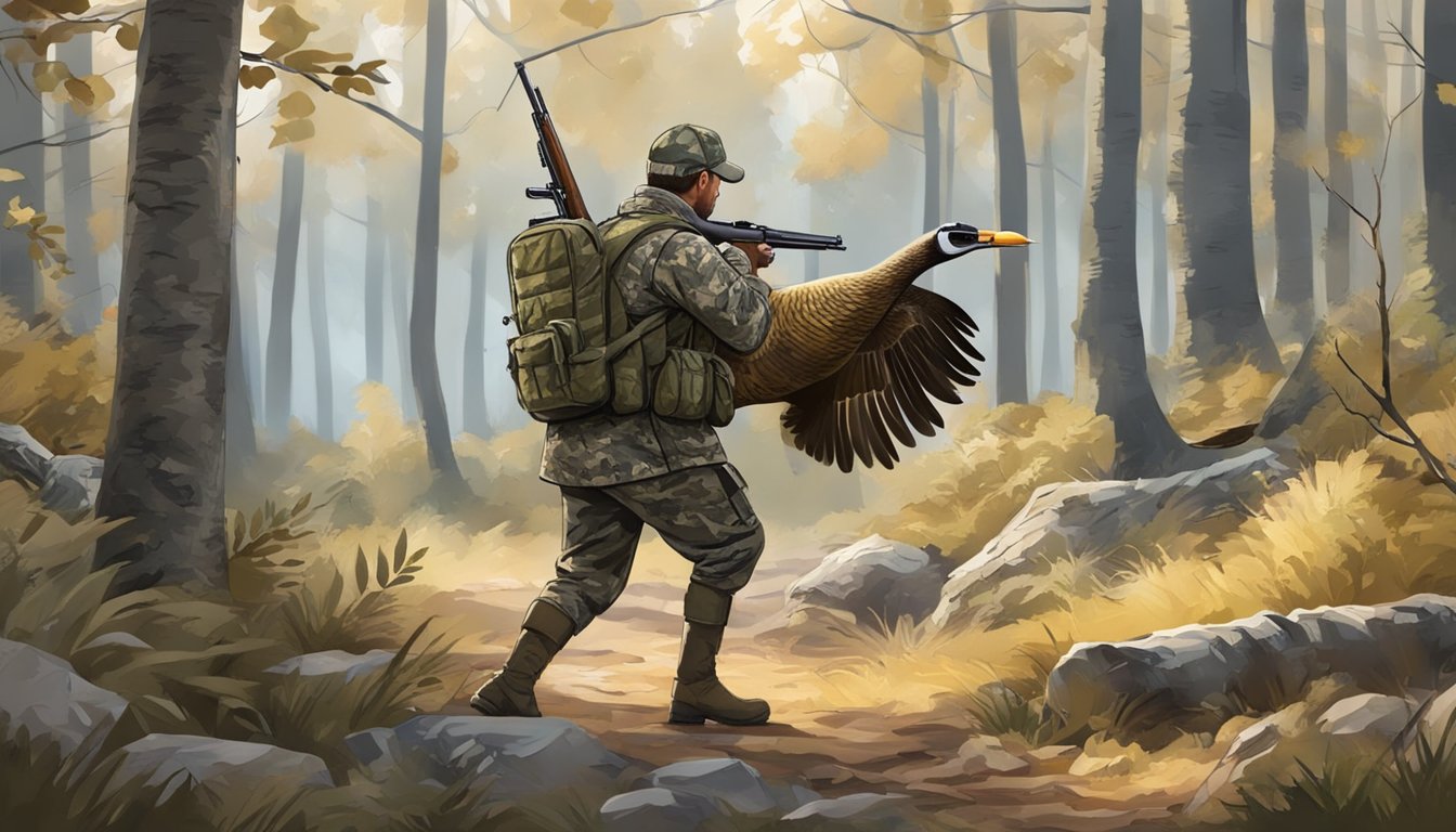 A hunter in camouflage cautiously approaches a turkey in a wooded area, ensuring a clear shot and adhering to ethical hunting practices