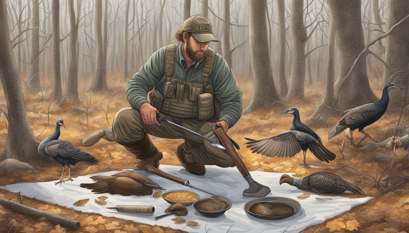 A hunter in Mississippi prepares to clean and process a wild turkey after a successful hunt. The bird is laid out on a clean surface with tools nearby