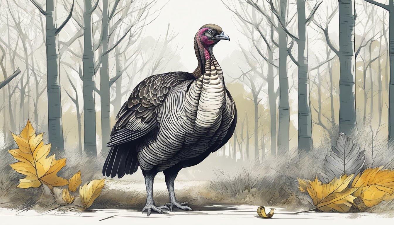 A hunter holds a tape measure against a large turkey, surrounded by trees and fields. The hunter is recording measurements on a form