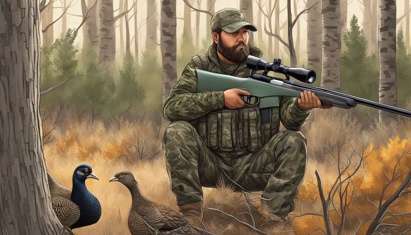 A hunter in camouflage with a shotgun and turkey decoys in a wooded area of New Mexico