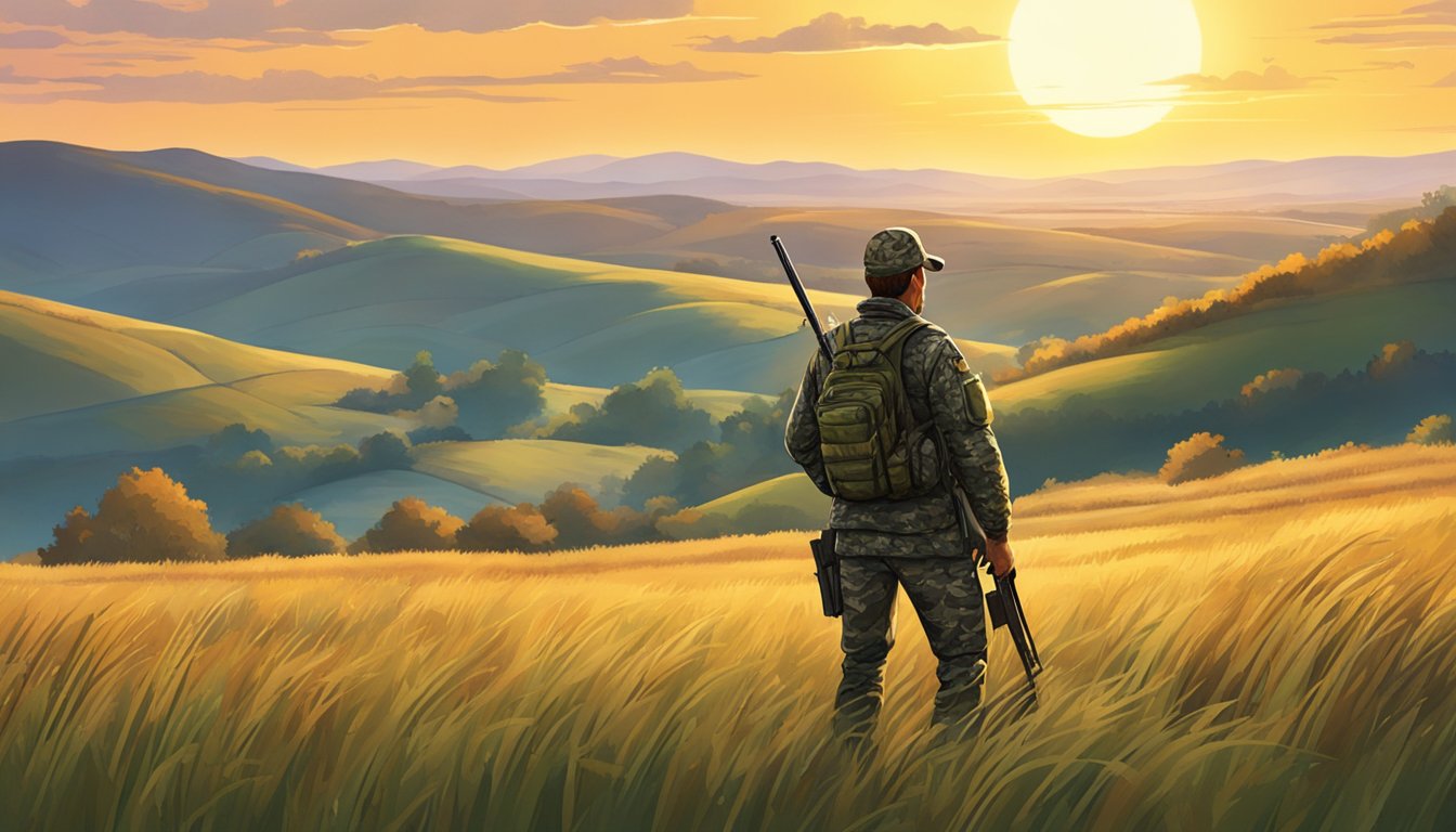 A hunter in camouflage gear stands in a grassy field, holding a shotgun and scanning the horizon for turkeys. The sun sets behind rolling hills in the distance