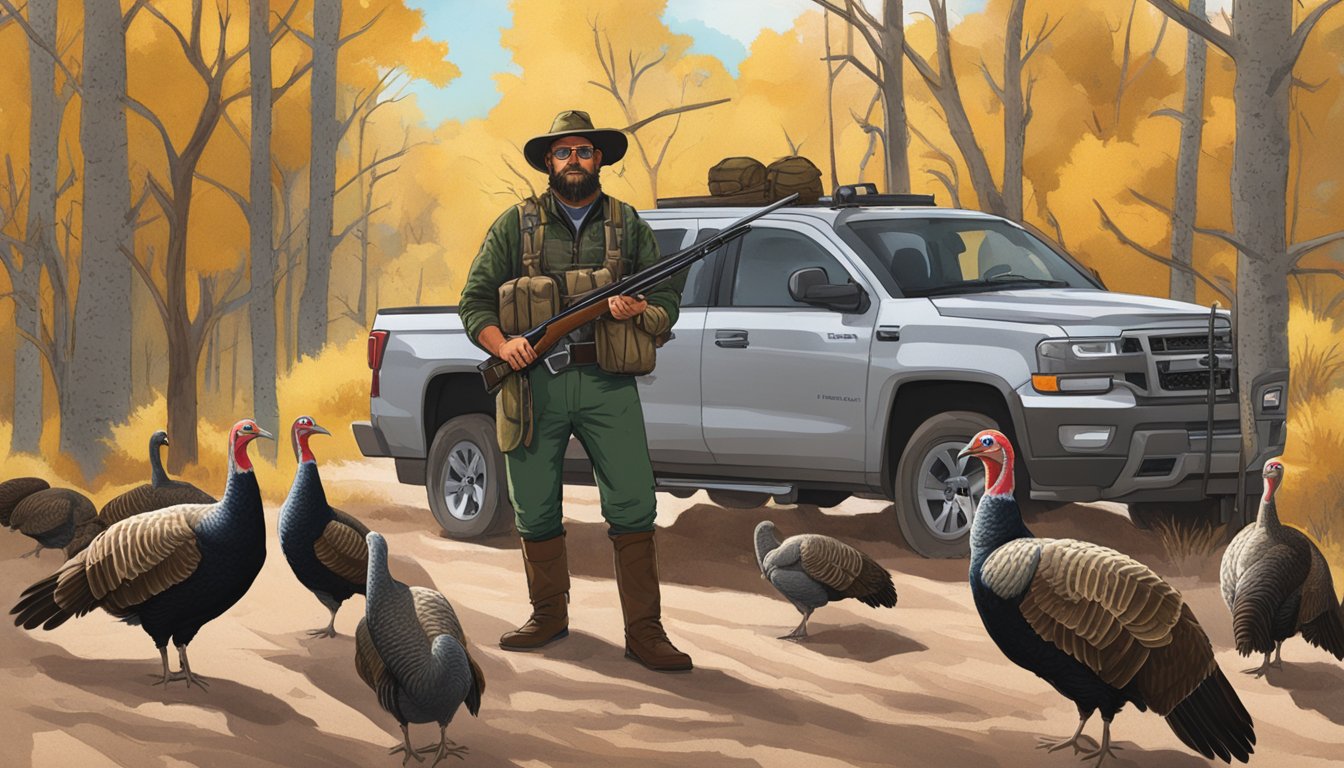 A hunter in New Mexico with three turkeys, a shotgun, and a bag limit sign