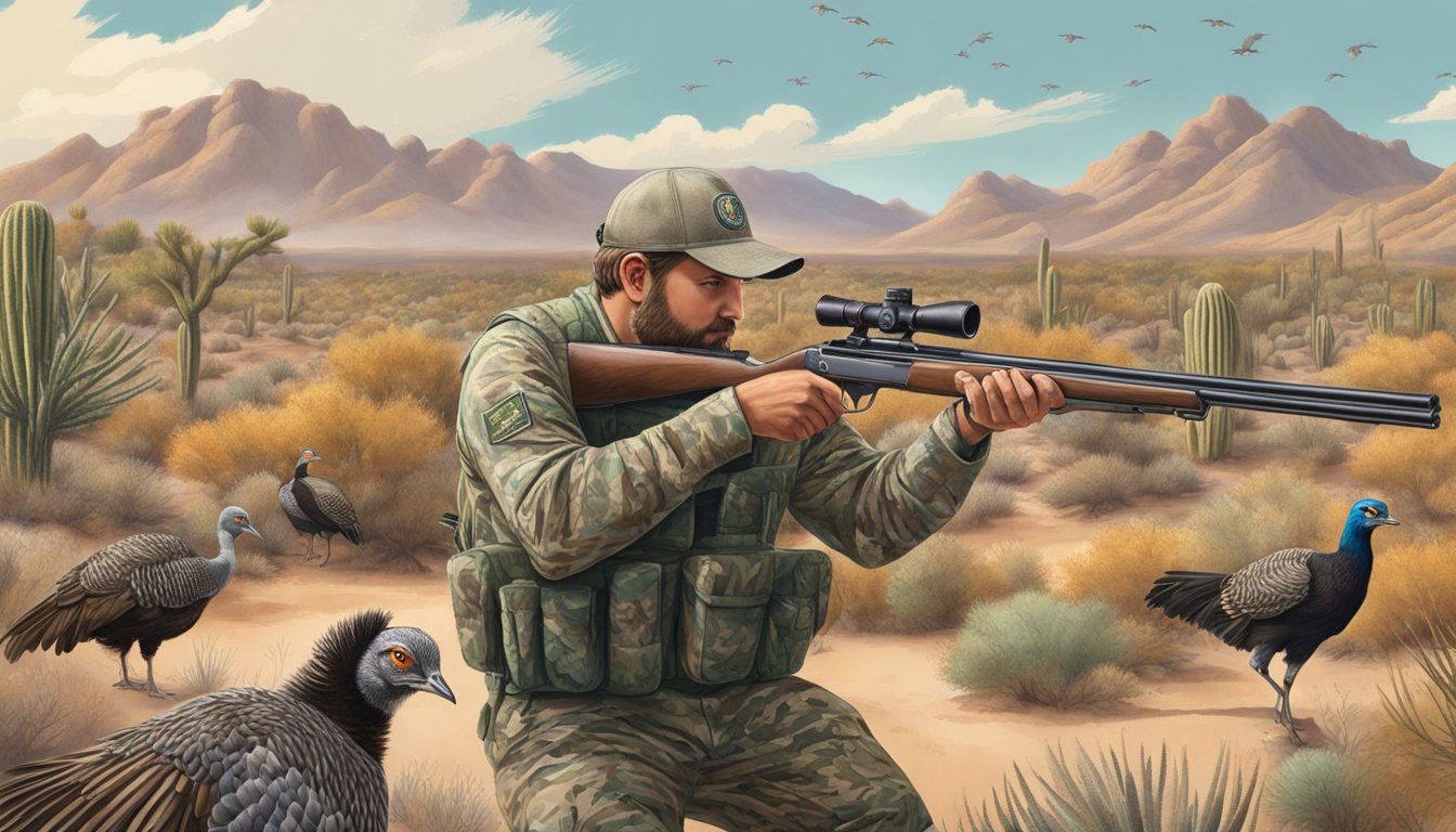 A hunter in camouflage gear, standing in a desert landscape with scrub brush and cacti, aiming a shotgun at a flock of wild turkeys in New Mexico