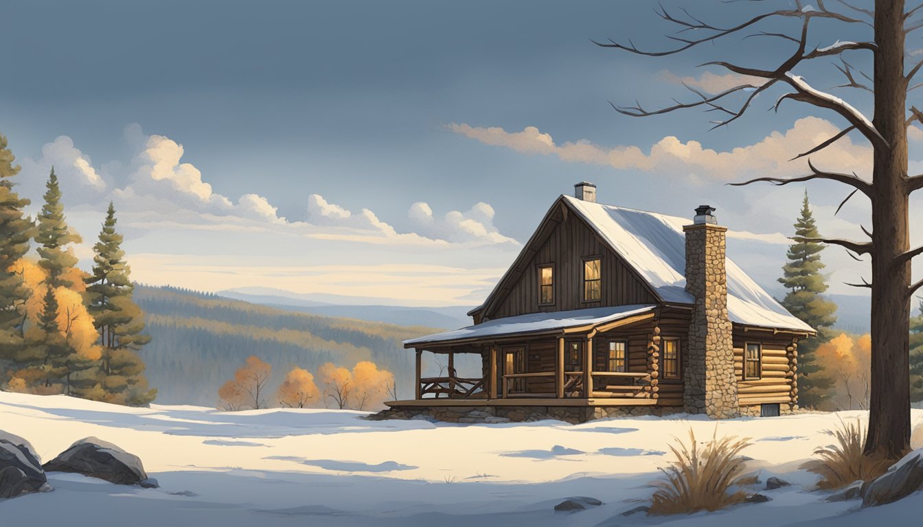 A cozy hunting lodge nestled in the Nebraska wilderness, surrounded by rolling hills and lush forests. A crackling fire and comfortable amenities await hunters returning from a successful day in the field