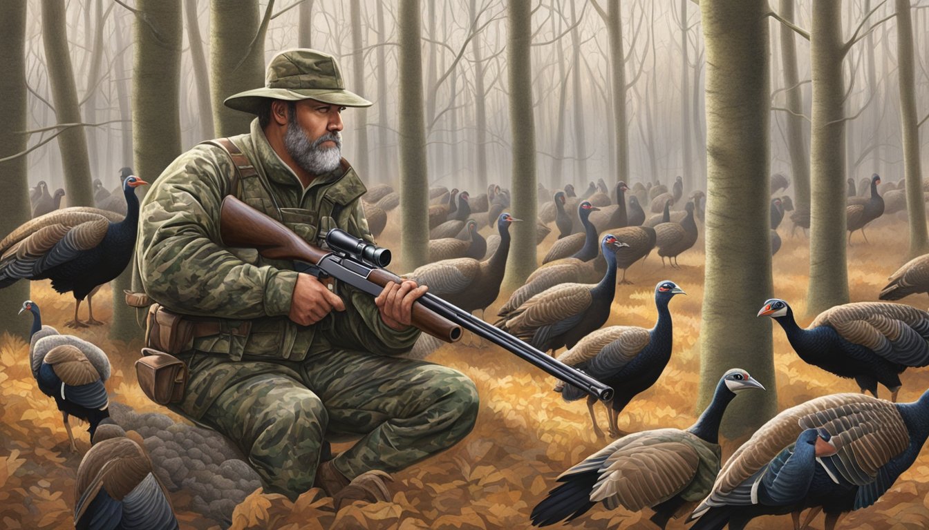 A hunter in camouflage sits behind a blind, shotgun ready, while a flock of wild turkeys roam in a wooded area in Ohio