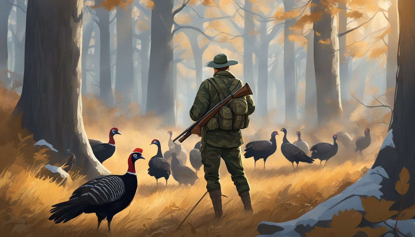 A hunter in camouflage waits in a wooded area, shotgun at the ready. A flock of wild turkeys moves cautiously through the trees