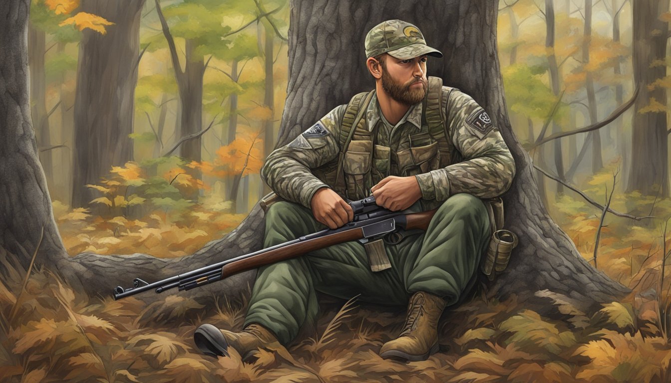 A hunter in camouflage sits behind a tree, shotgun at the ready. A turkey struts in the distance, surrounded by lush Ohio woods