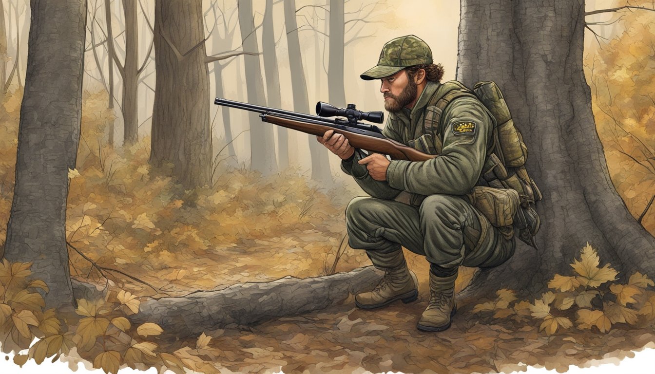 A hunter in camouflage gear crouches behind a tree, shotgun at the ready, as a wild turkey cautiously approaches in a wooded area of New Jersey