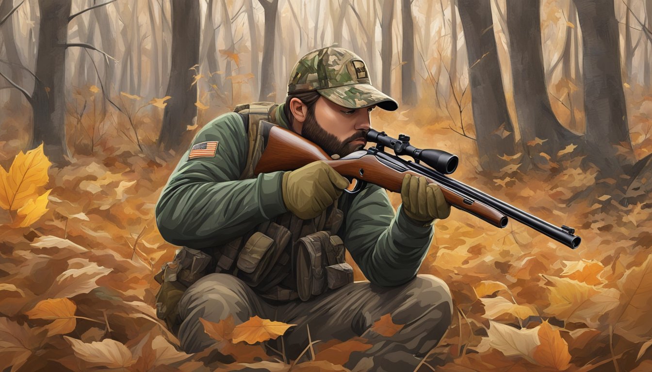 A hunter in camouflage gear loads his shotgun in a wooded area of New Jersey, surrounded by fallen leaves and tall grass