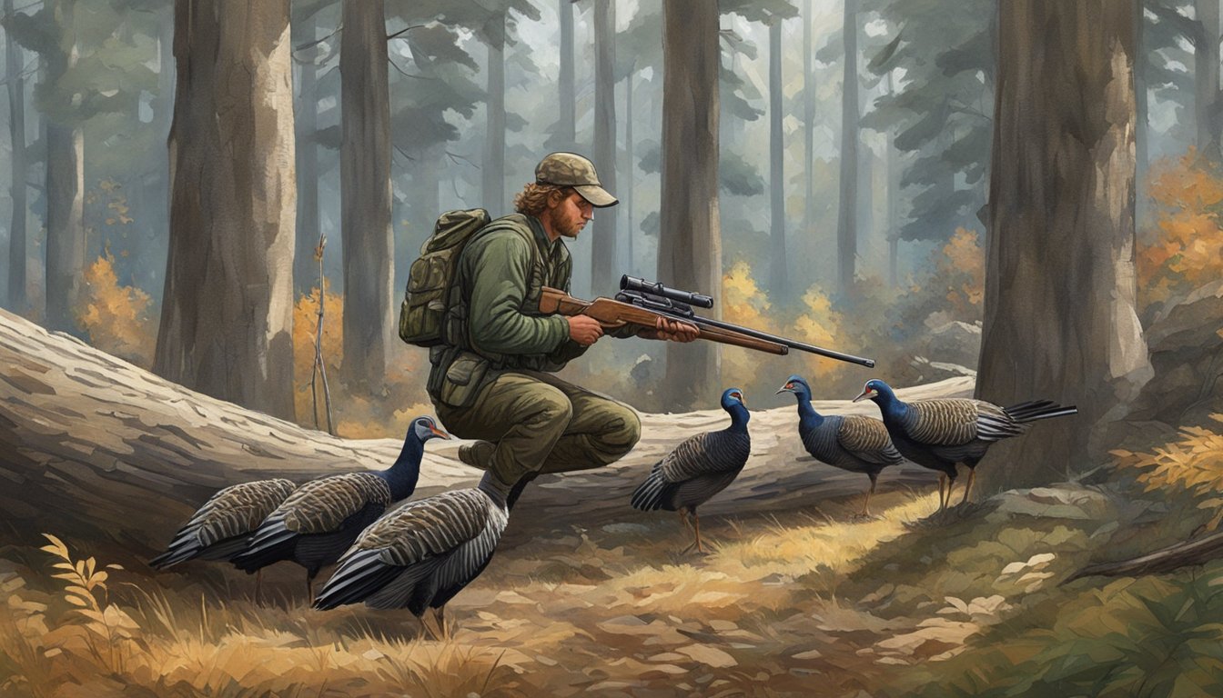 A hunter in camouflage gear crouches behind a fallen log, peering through the dense forest at a flock of wild turkeys grazing in a clearing