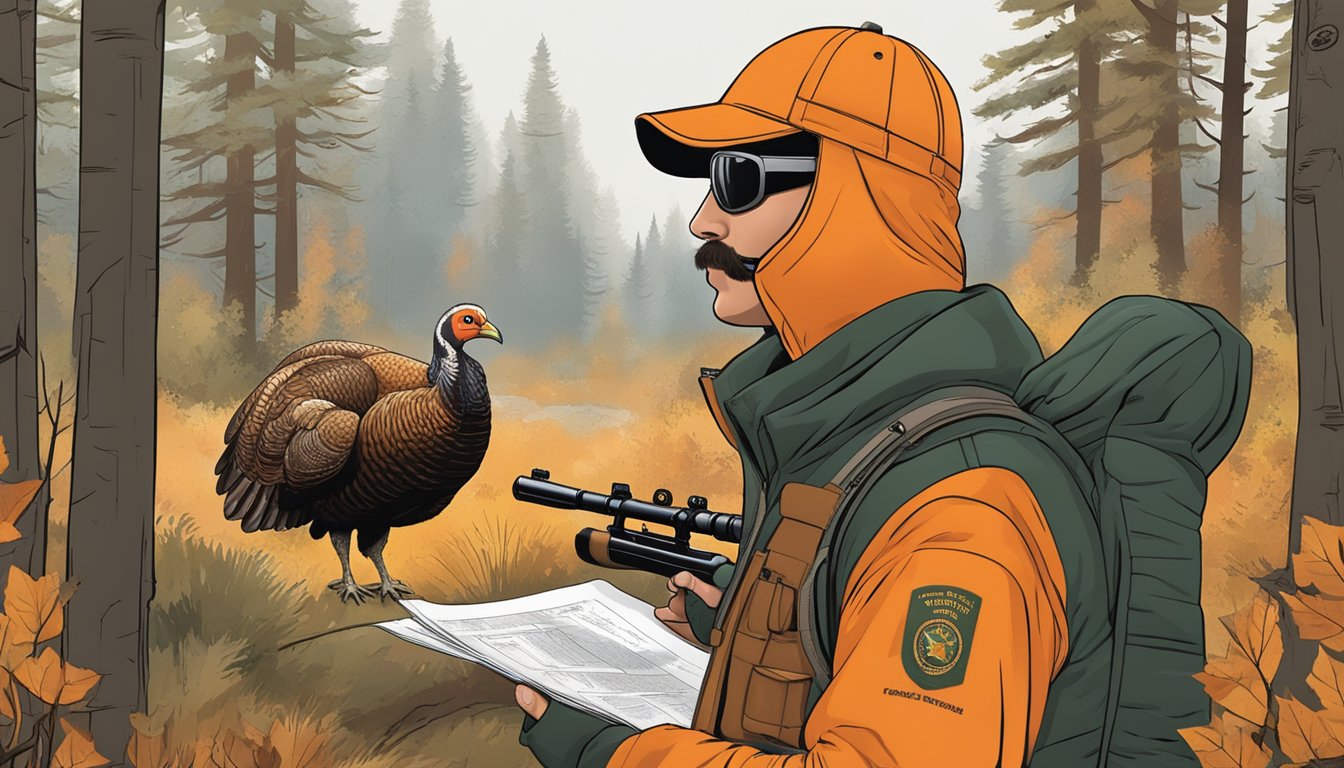 A hunter in orange gear aims at a turkey in a North Dakota forest, with a hunter safety education certificate displayed nearby