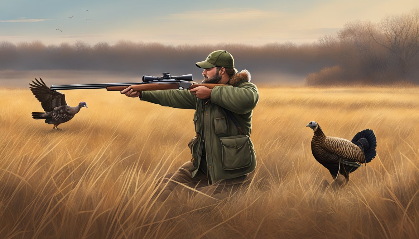 A hunter aiming a shotgun at a turkey in a North Dakota field