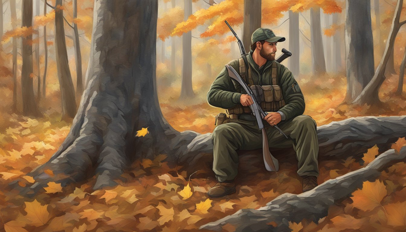 A hunter crouches behind a tree, camouflaged in the autumn foliage, waiting for a turkey to approach in the New Jersey woods