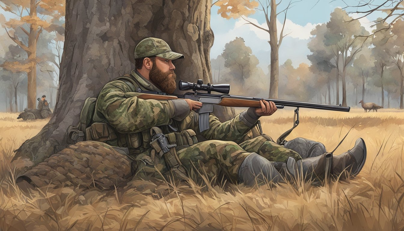 A hunter in camouflage sits against a tree, shotgun resting on his lap. A turkey struts in the distance, while other wildlife roam nearby