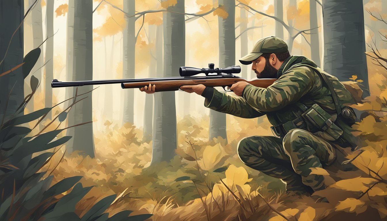 A hunter in camouflage aiming a shotgun at a turkey in a forest clearing