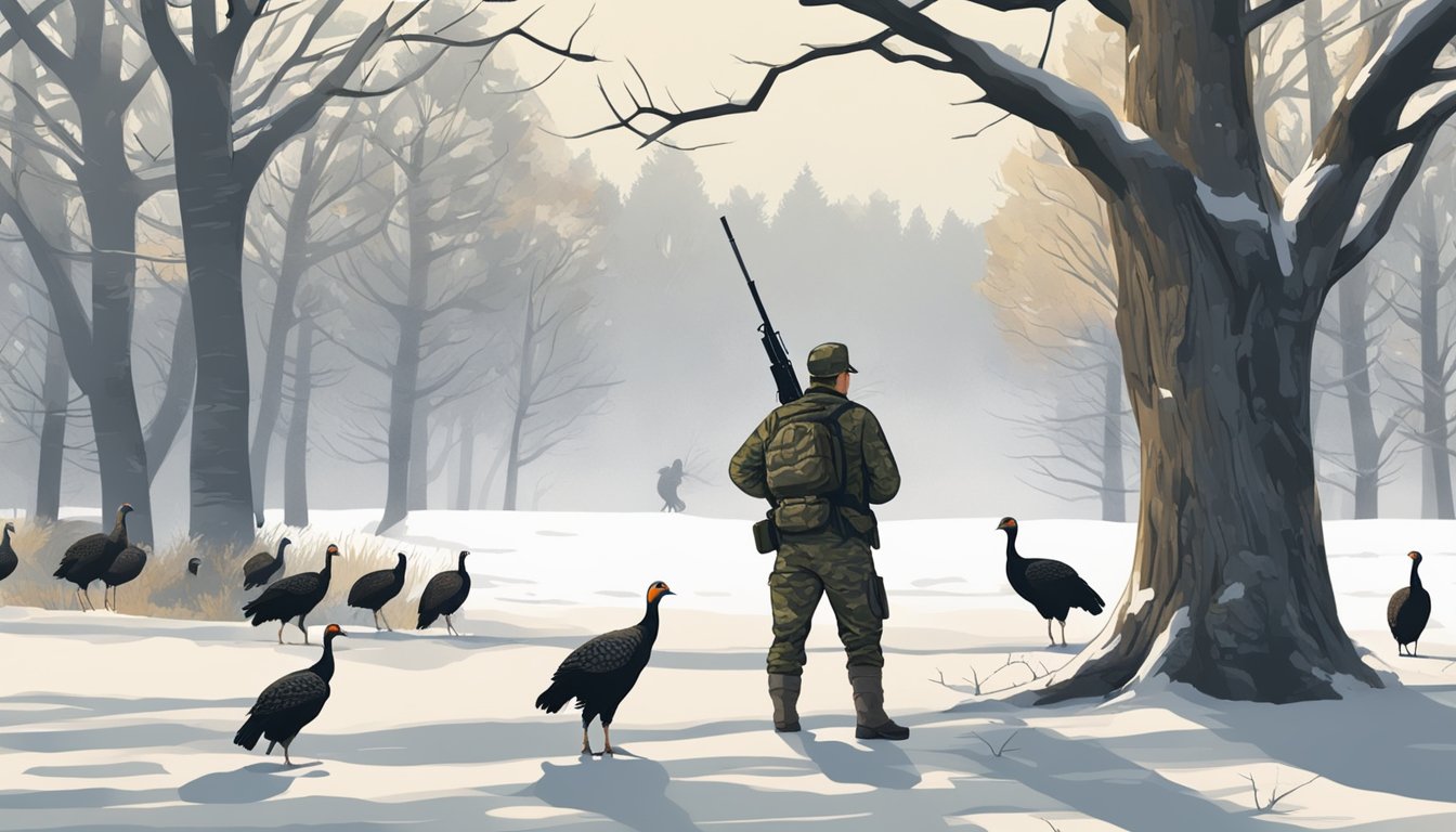 A hunter in camouflage waits behind a tree, shotgun at the ready. A flock of wild turkeys roam in the distance, oblivious to the impending danger