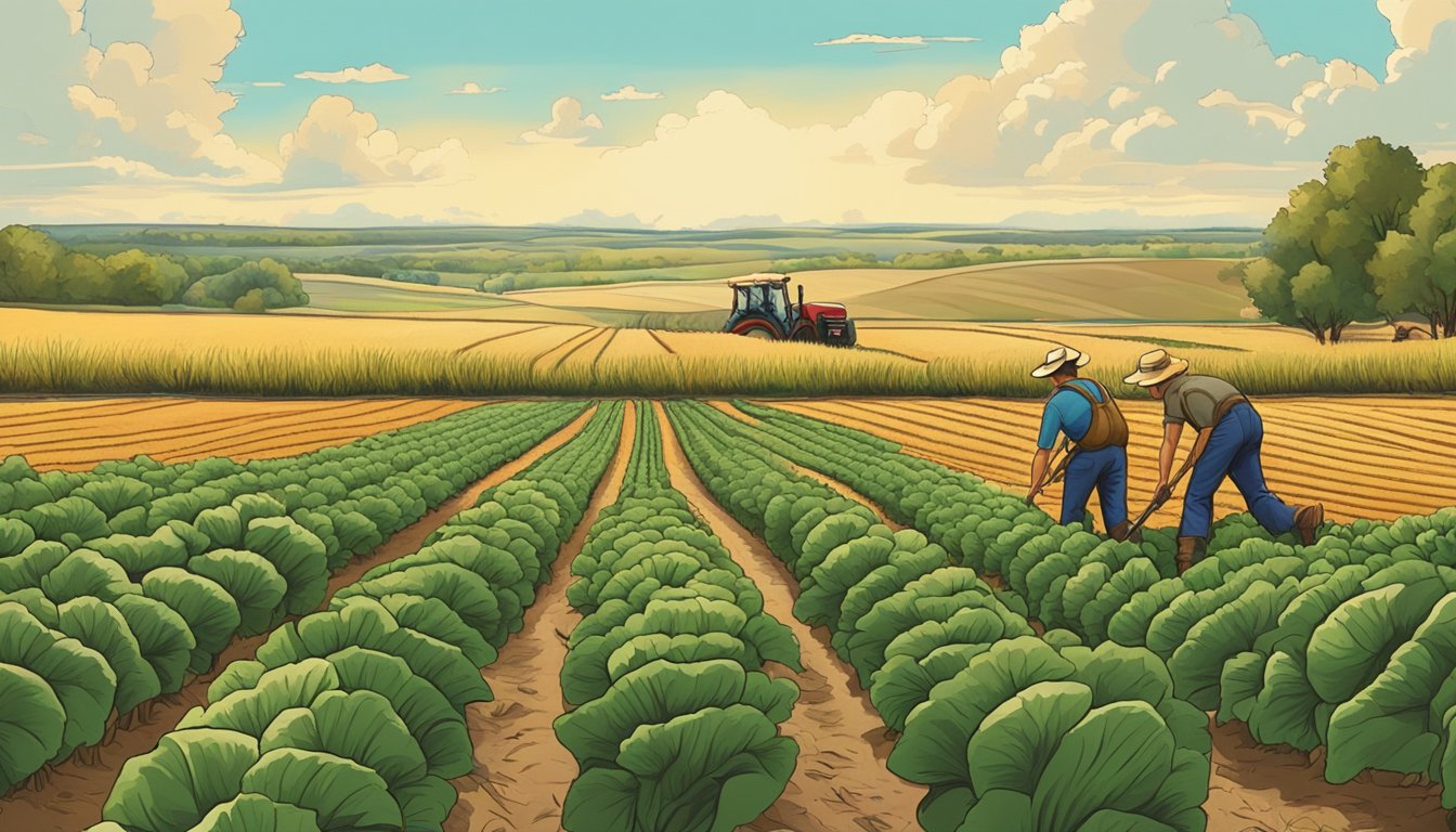 A farmer tending to rows of crops, while wild turkeys roam nearby in a North Dakota field