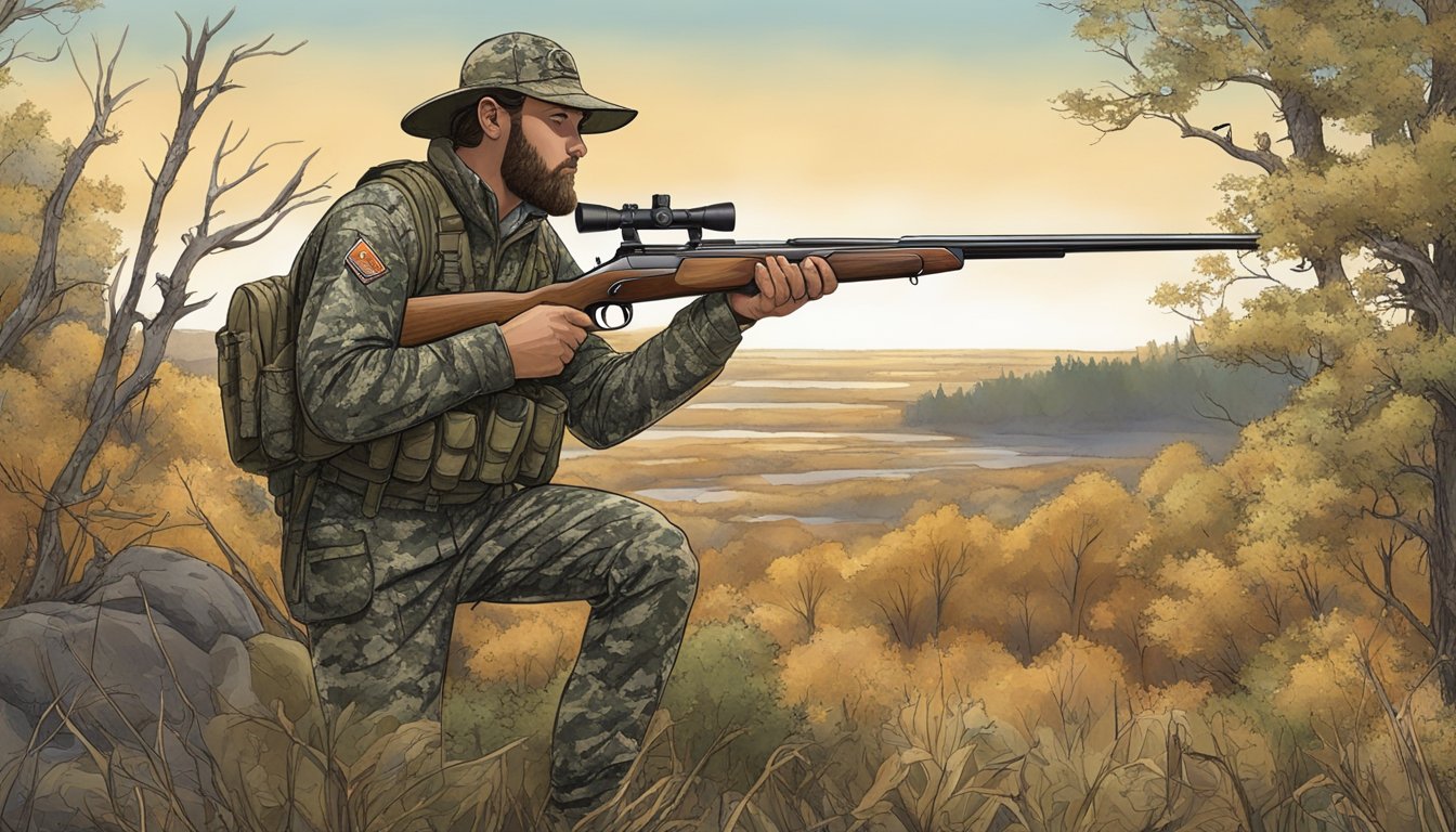 A hunter in camouflage gear holds a shotgun, surrounded by trees and bushes in the North Dakota wilderness. A turkey is visible in the distance