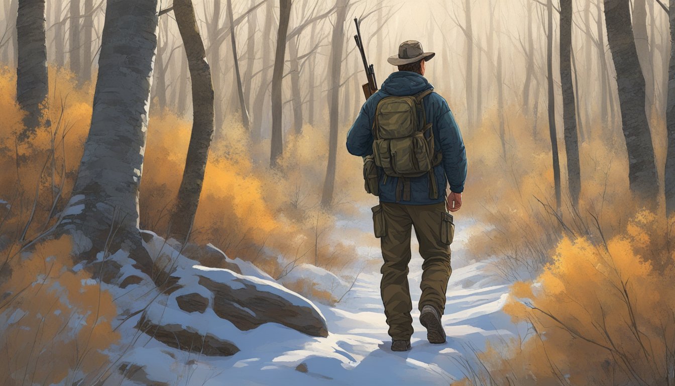 A hunter with a rifle in hand, quietly stalking through the dense North Dakota forest, scanning for wild turkeys among the trees and brush