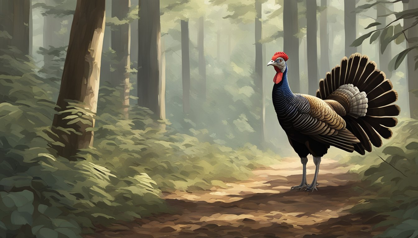 A wild turkey struts through a dense forest in North Carolina, surrounded by tall trees and underbrush. The bird's feathers are a mix of brown, black, and white, and it moves with purpose through its natural habitat