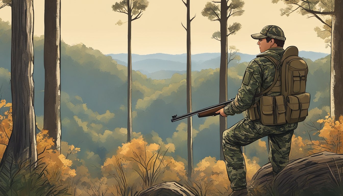 A hunter in camouflage gear checks his shotgun against a backdrop of wooded terrain in South Carolina, ensuring compliance with regulatory requirements for turkey hunting