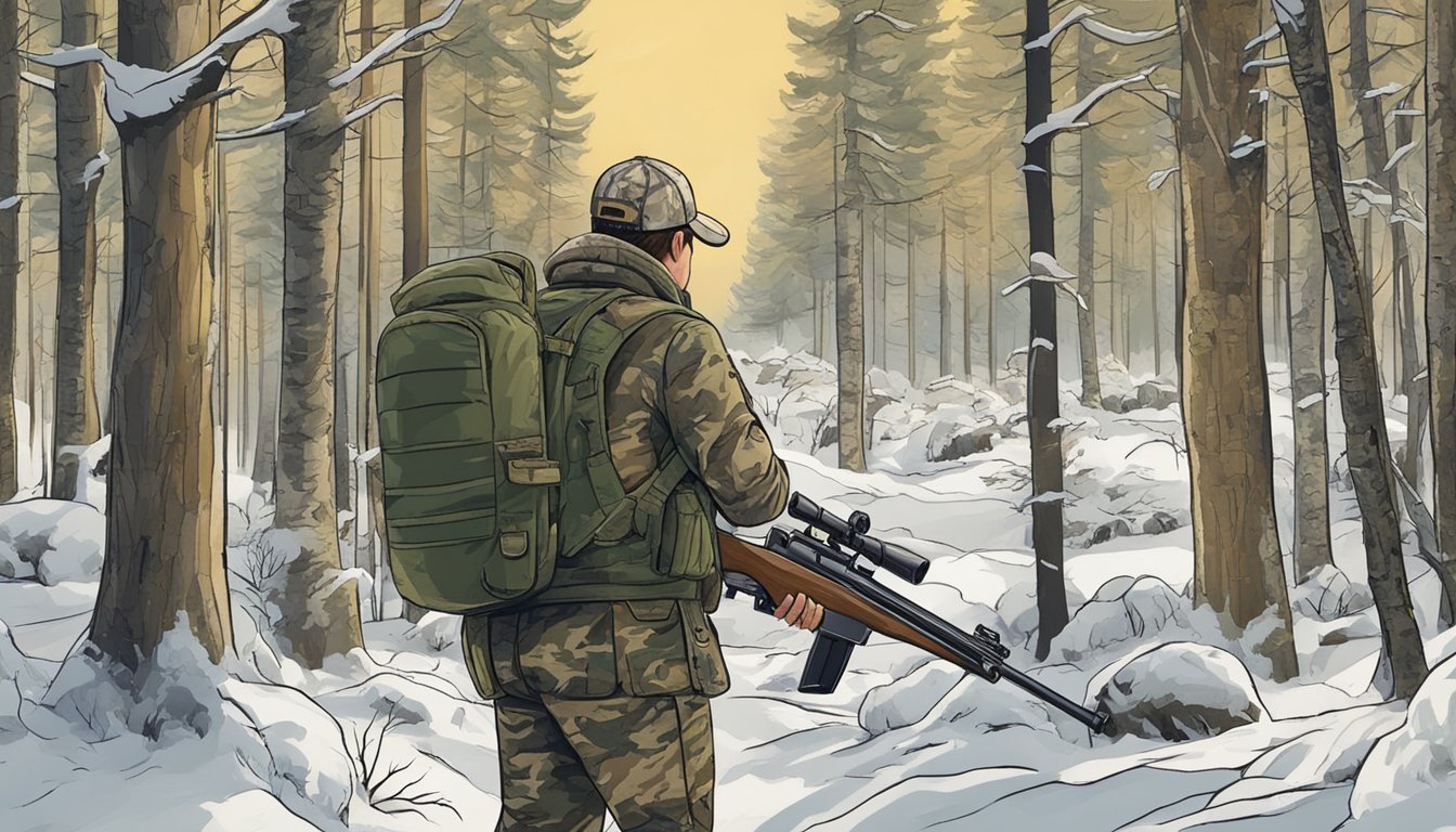 A hunter in camouflage navigating through a dense forest, carrying a shotgun and scanning the area for turkey. Signs displaying hunting regulations are posted nearby