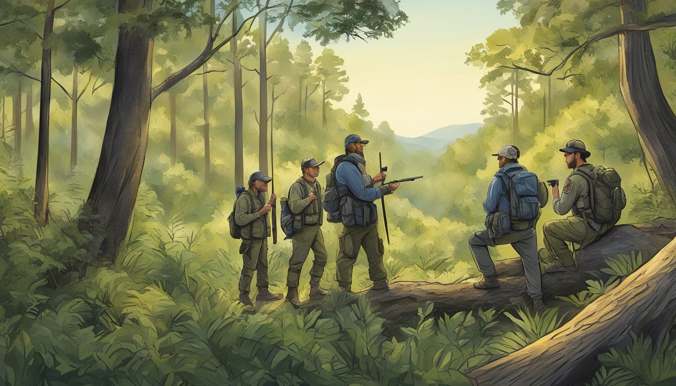 A group of conservationists gather data and report on turkey hunting in South Carolina, surrounded by the lush, green landscape of the southern forests