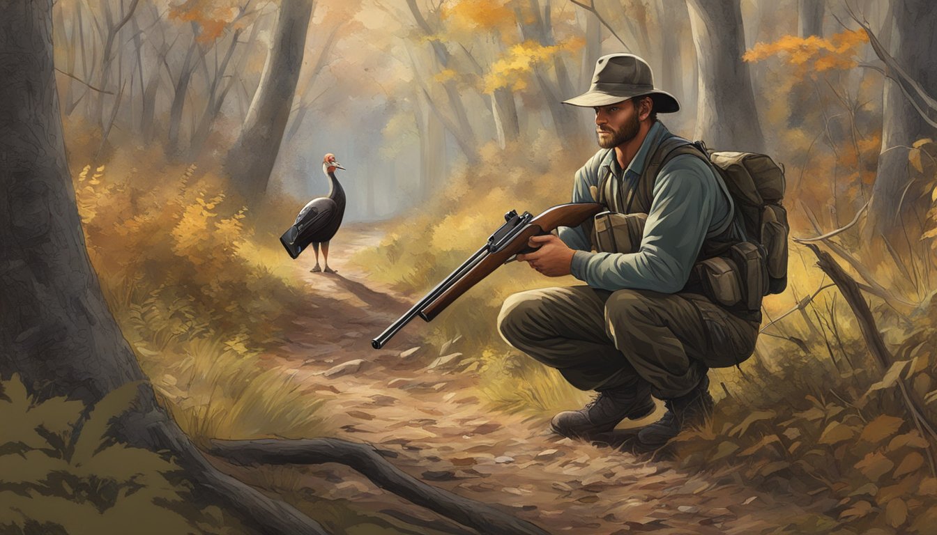 A hunter crouches in a wooded area, shotgun at the ready, as a wild turkey cautiously moves through the underbrush