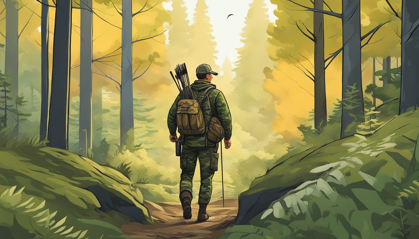 A hunter in camo, bow in hand, quietly stalks a turkey through an Oregon forest, respecting ethical hunting practices. The landscape is lush and serene