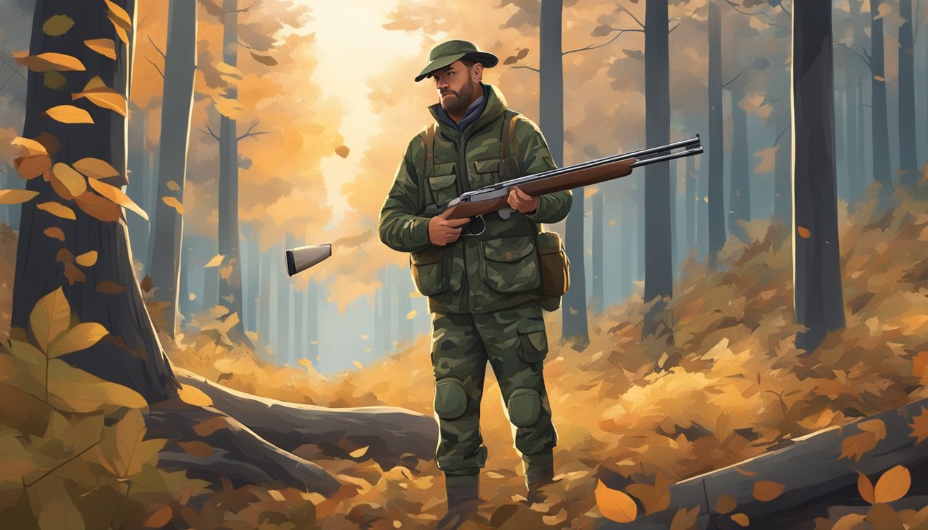 A hunter in camouflage gear loads a shotgun in a forest clearing at dawn, surrounded by tall trees and fallen leaves