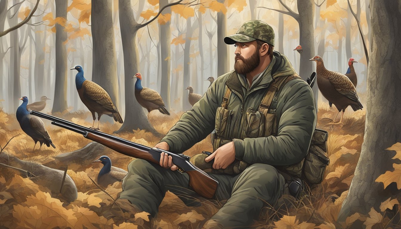 A hunter in camouflage with a shotgun in a wooded area, surrounded by turkey decoys