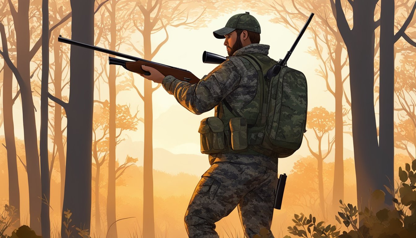 A hunter in camouflage gear stands in a wooded area, holding a shotgun and scanning the horizon for wild turkeys. The sun is just beginning to rise, casting a warm glow over the landscape