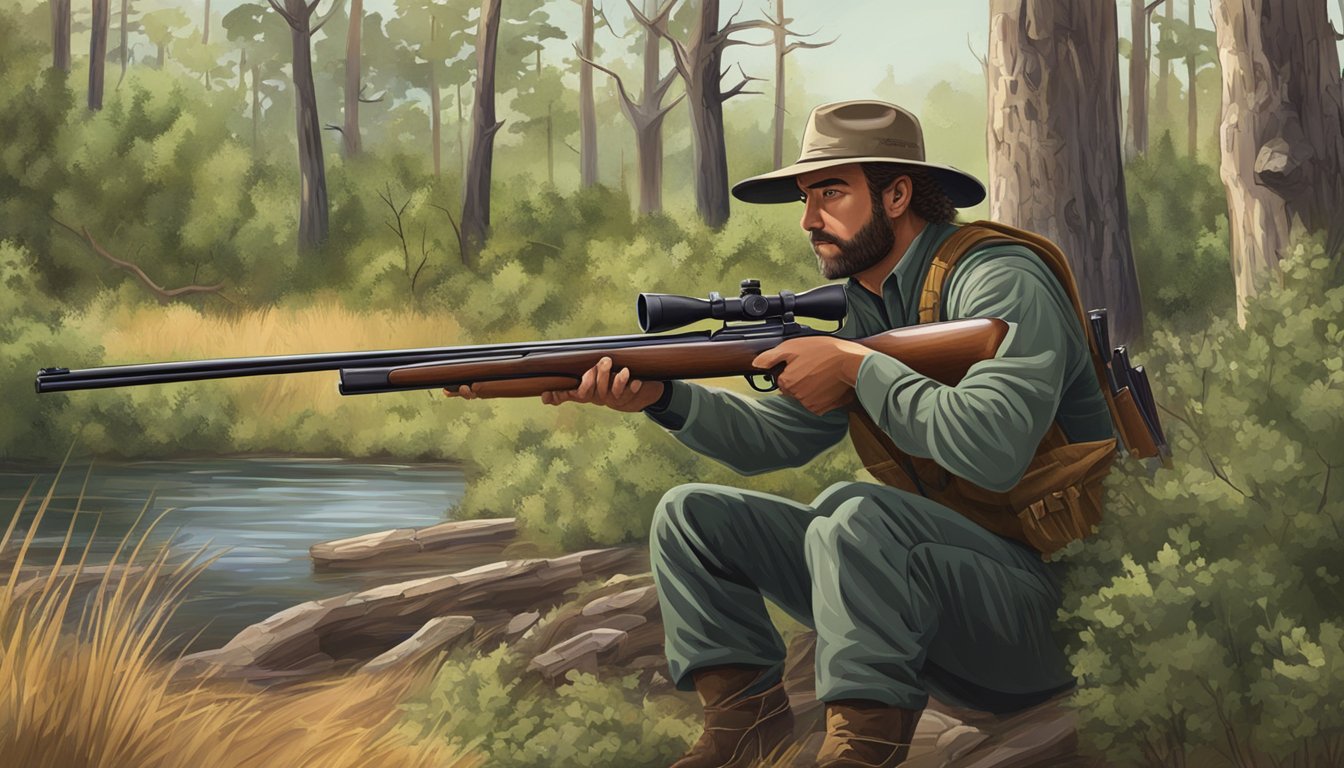 A hunter loads a shotgun, surrounded by trees and bushes in the Oklahoma wilderness