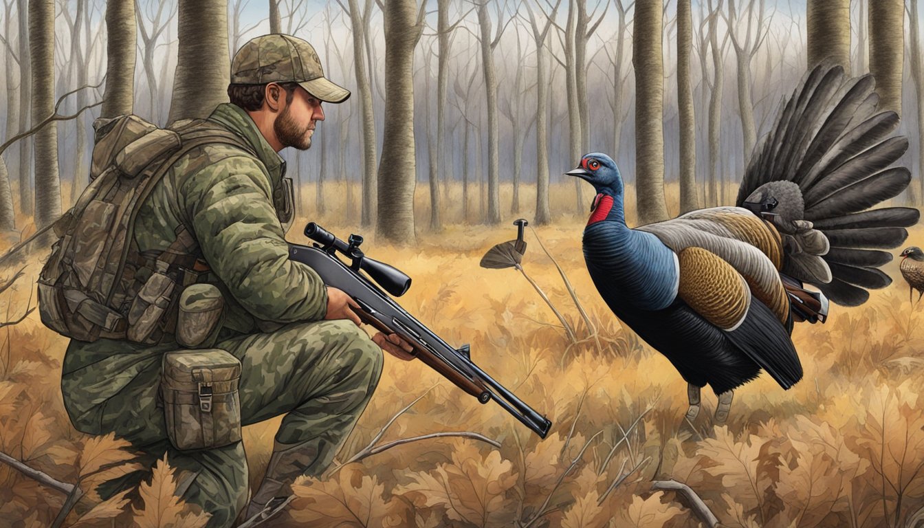 A hunter in camouflage gear aiming a shotgun at a wild turkey in a Texas woodland clearing, with hunting packages and accommodations in the background