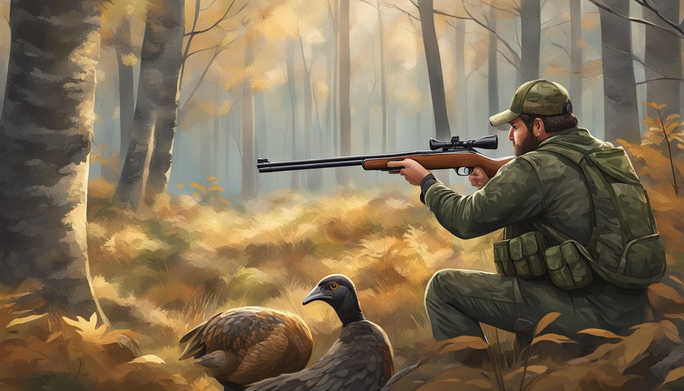 A hunter in camouflage aiming a shotgun at a turkey in a forest clearing