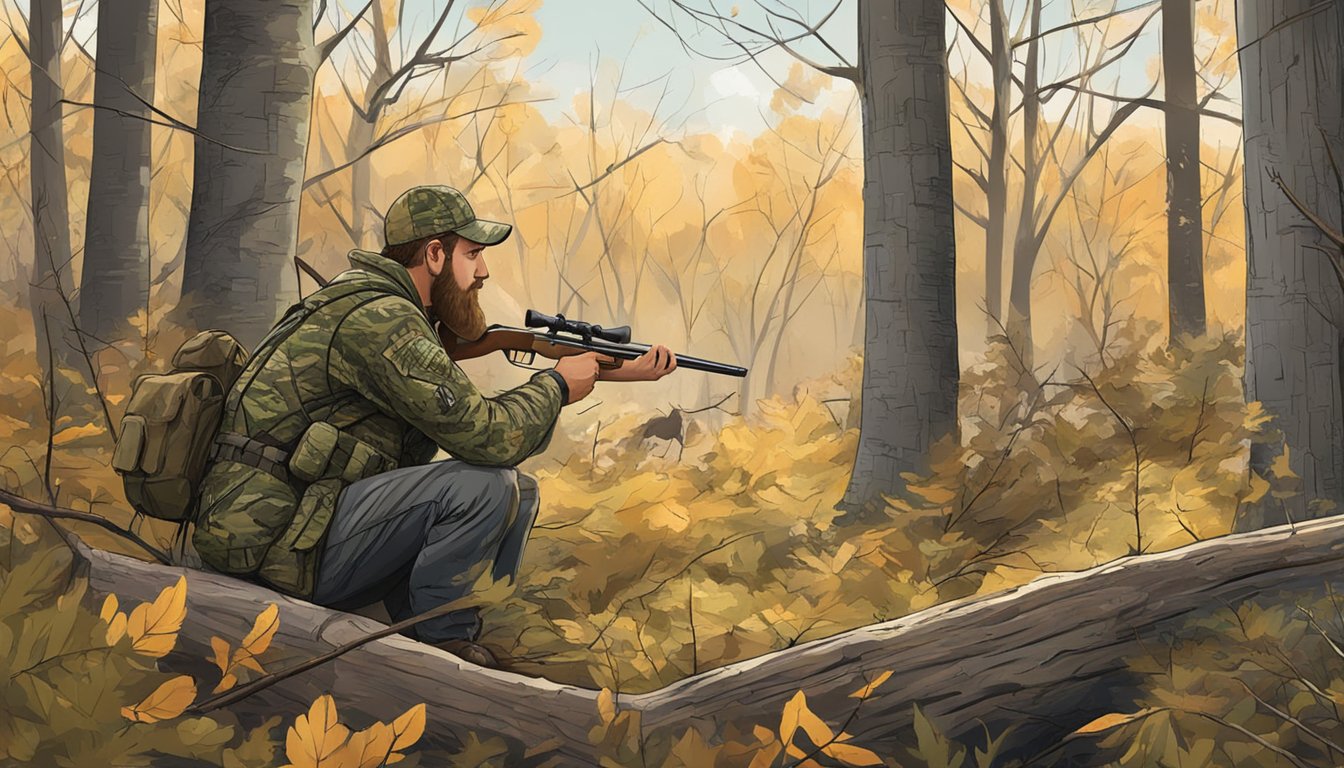 A camouflaged hunter waits in a wooded area, using turkey calls to lure the birds closer. Nearby, decoys are strategically placed to attract the prey