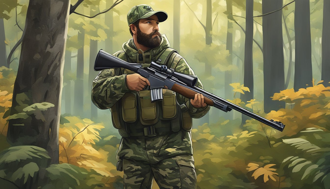 A hunter in camouflage gear holding a shotgun, surrounded by the lush woods of Rhode Island