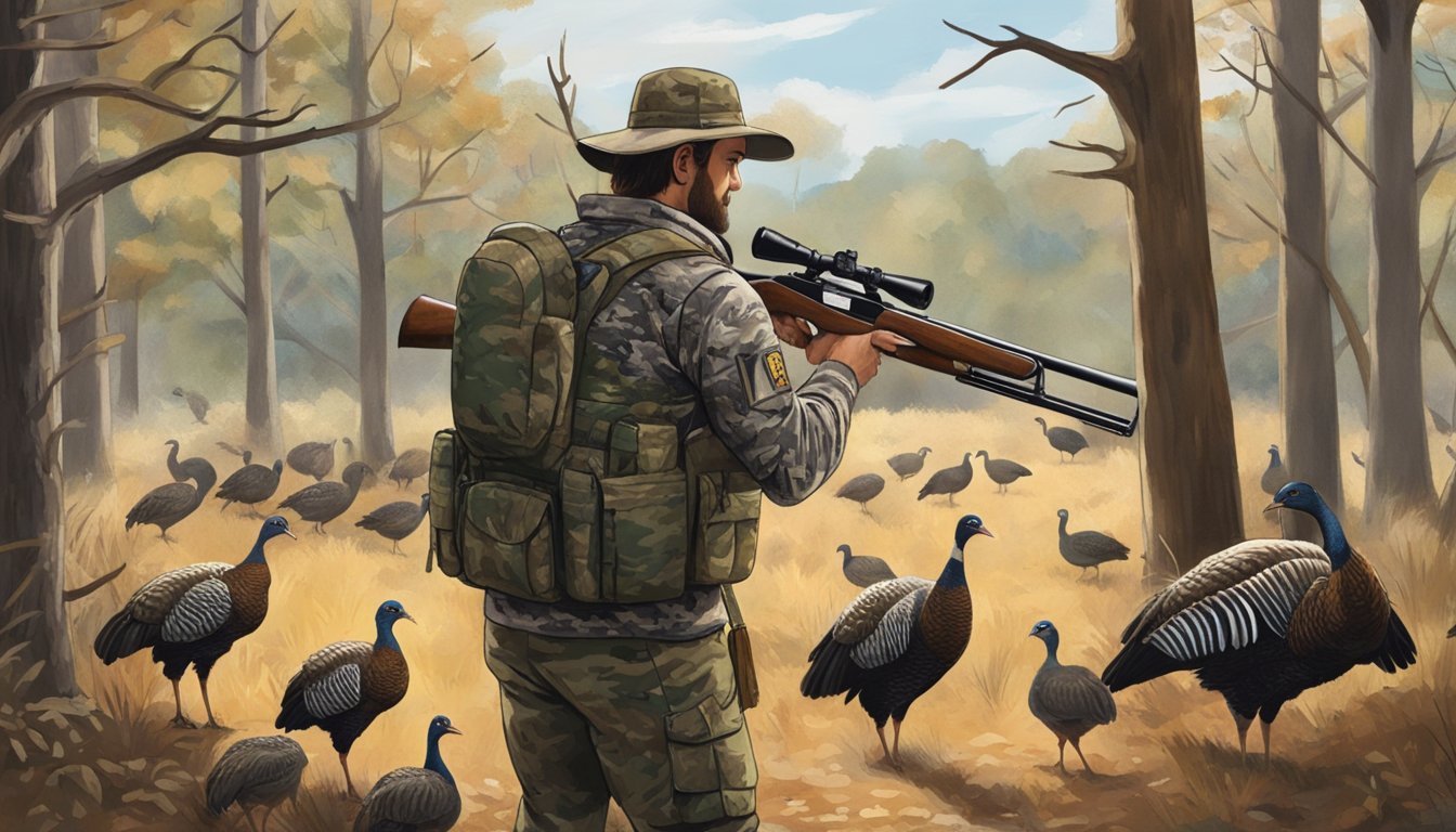 A hunter in camouflage gear stands in a Texas forest, aiming a shotgun at a group of wild turkeys feeding in the distance