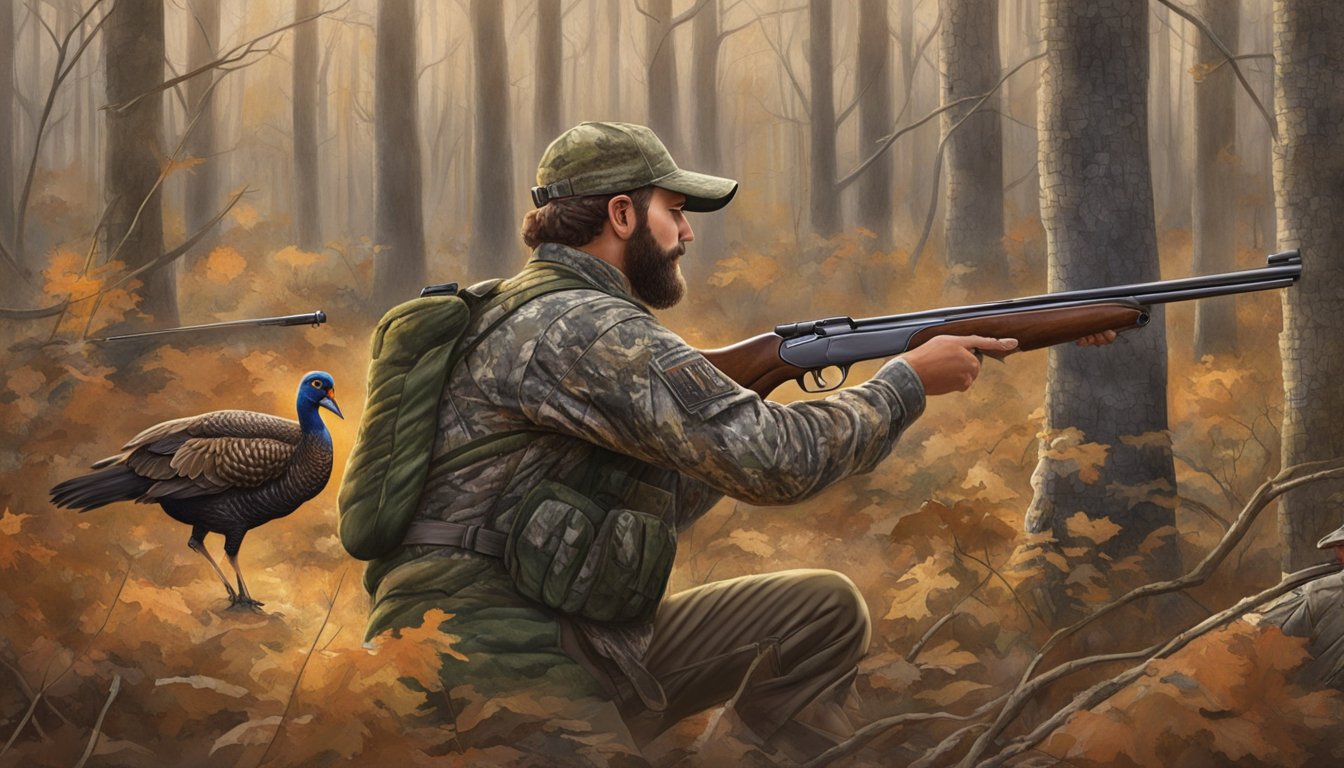 A hunter in camo aims shotgun at a wild turkey in an Oklahoma forest clearing