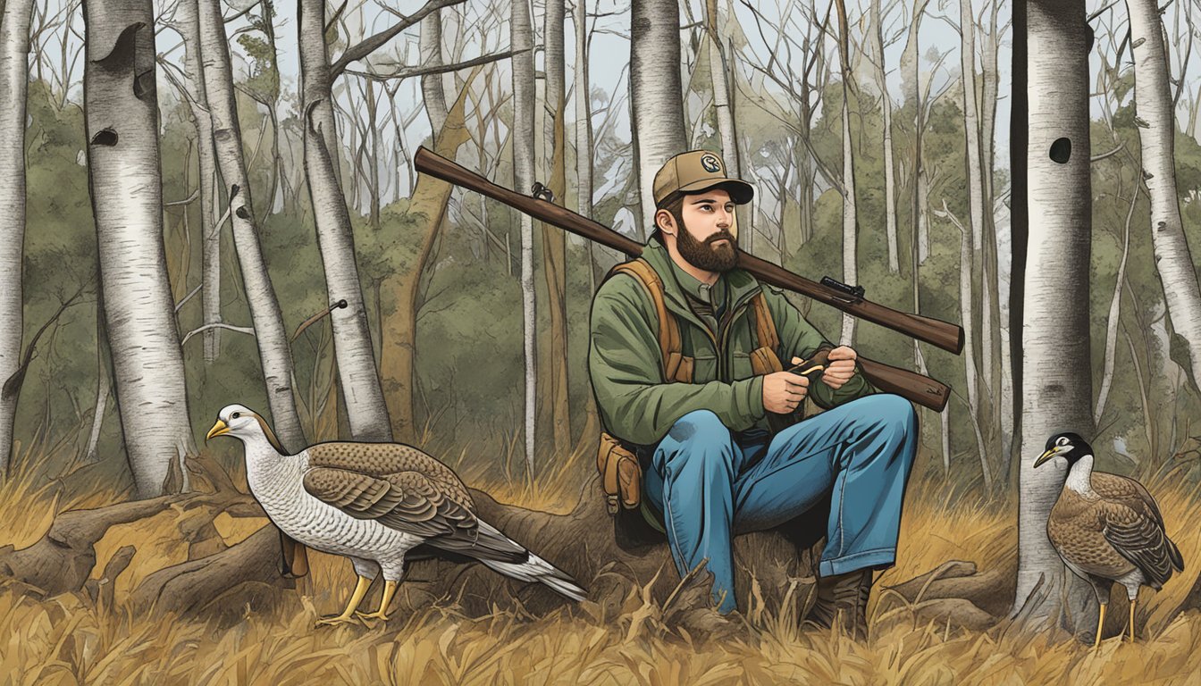 A hunter holding a turkey call, surrounded by trees and wildlife, with a sign for "Rhode Island Hunting Licenses" in the background