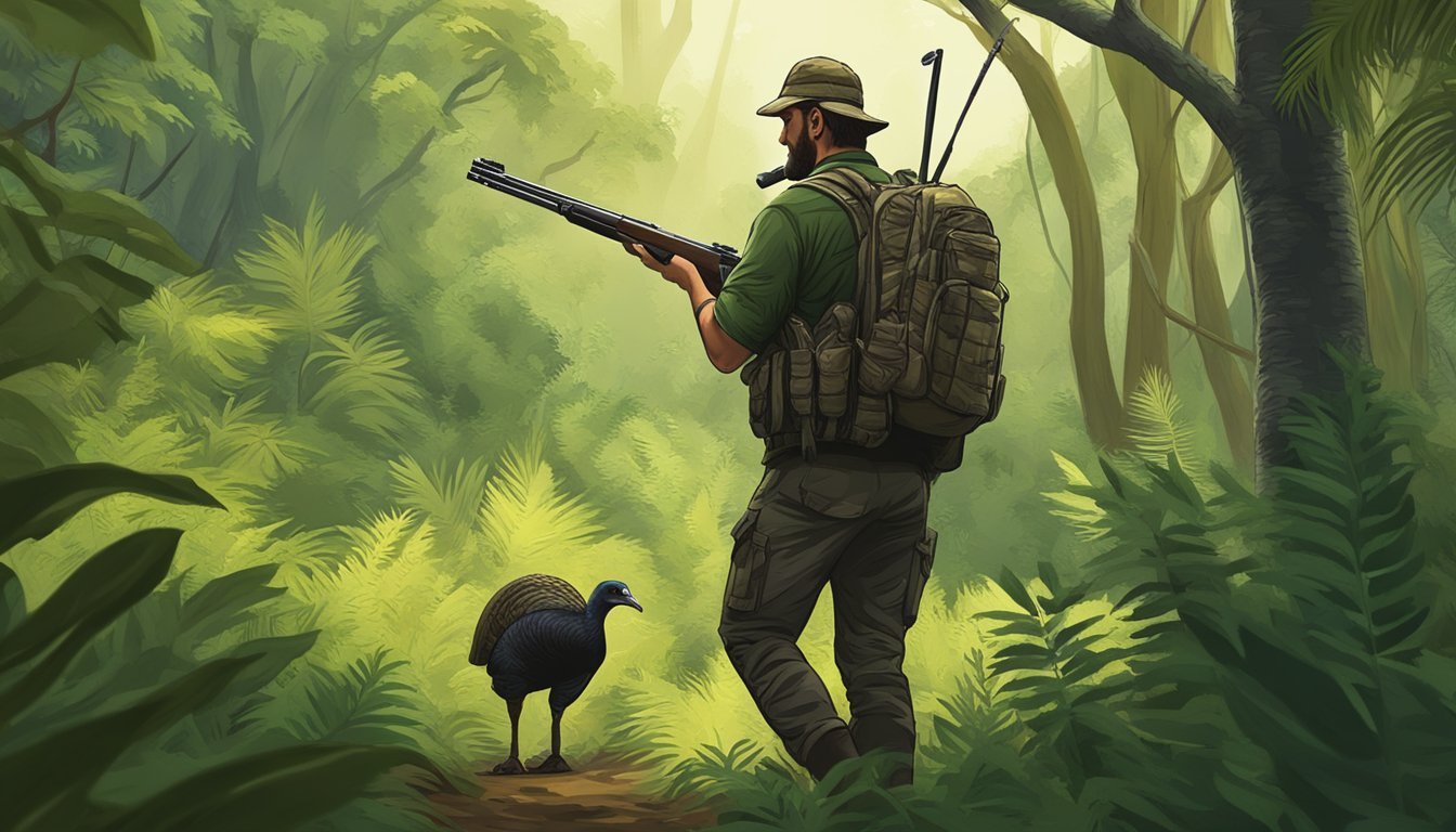 A hunter with a shotgun walks through a lush forest in Puerto Rico, surrounded by tall trees and dense vegetation. A turkey is seen perched on a branch in the distance