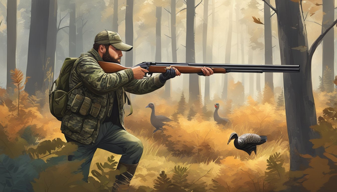 A hunter in camouflage aiming a shotgun at a wild turkey in a forest clearing